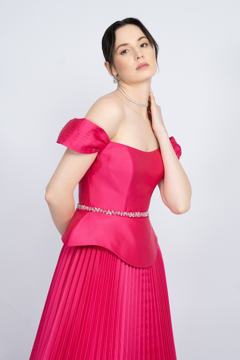 R52 - Boat Neck, Off-Shoulder, Corseted Bodice, Peplum Waist, Pleated Skirt, Detachable Embellished Belt, Maxi Dress