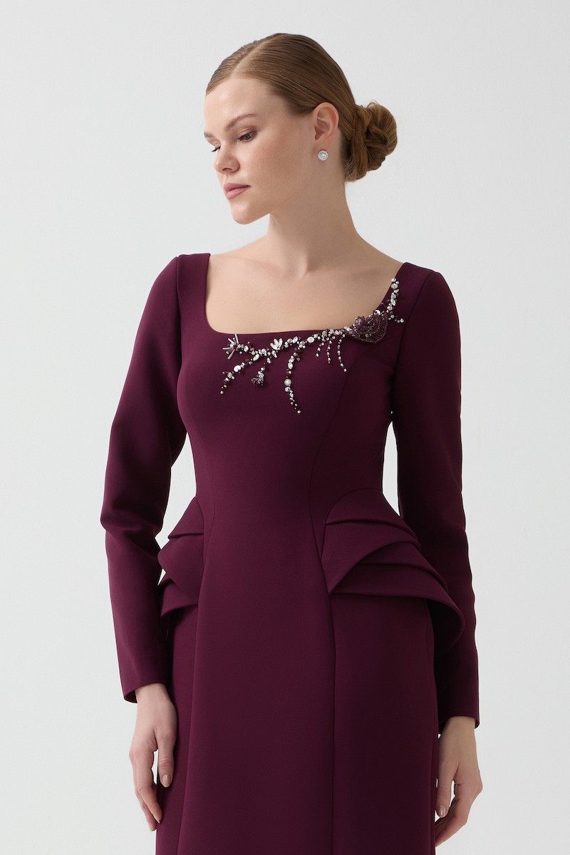 R126 - Square Neckline, Hand-Embroidered Neckline Details, Long Sleeves, Tiered Peplum Waist, Paneled Fitted Cut, Back Slit, Full-Length Dress 