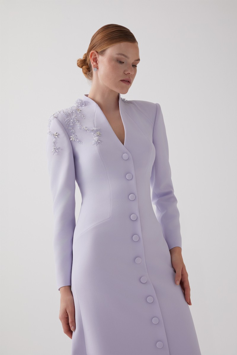 R121 - High V-Neckline, Padded Shoulders, Front Buttoned, Front Slit, Hand-Embroidered Shoulder Details, Short Train at the Back, Mermaid Cut, Full-Length Blazer Dress