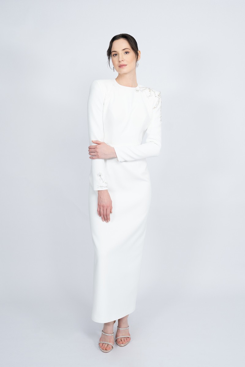 R48 - Straight Cut, Padded Shoulders, Crew Neck, Low Back, Hand Embroidered Shoulders and Sleeves, Slit at the Back, Maxi Dress