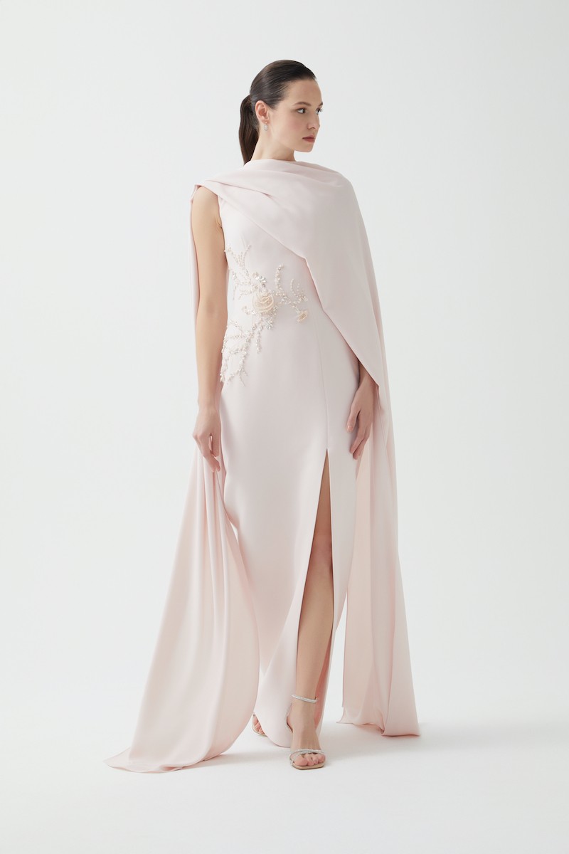 R95A - Boat Neckline, Shoulder Cape, Hand-Embroidered Front Detail, Back Cut-Out, Front Slit, Straight Cut, Full-Length Dress