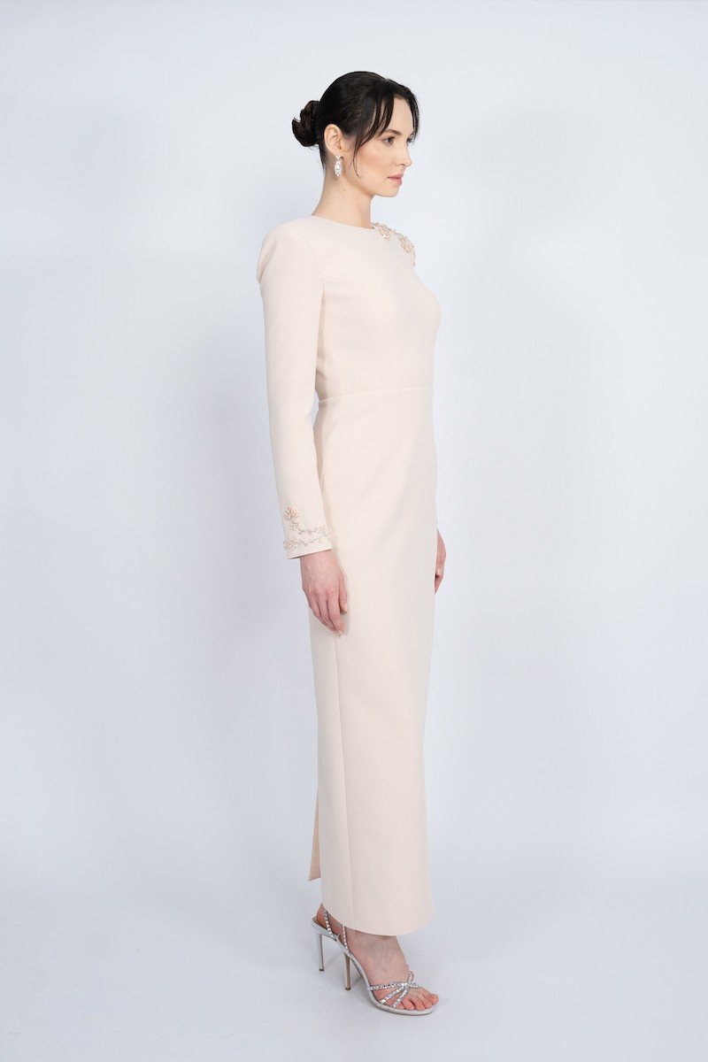 R48 - Straight Cut, Padded Shoulders, Crew Neck, Low Back, Hand Embroidered Shoulders and Sleeves, Slit at the Back, Maxi Dress