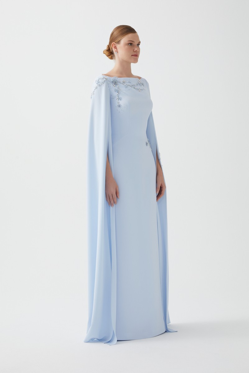 R100 - Boat Neckline, Hand-Embroidered Shoulder and Waist Details, Dramatic Long Cape Sleeves, Back Slit, Mermaid Cut, Full-Length Dress