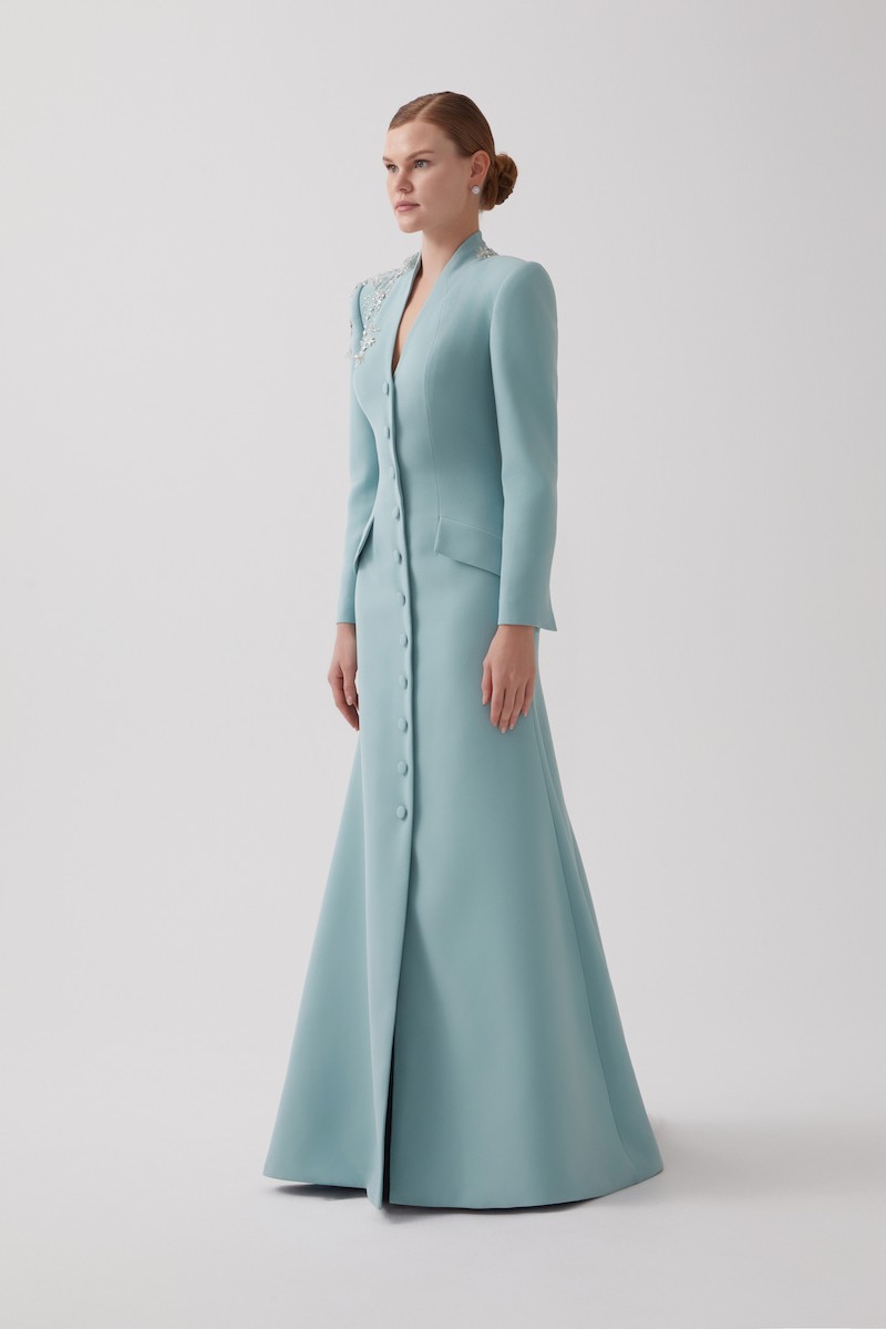 R121 - High V-Neckline, Padded Shoulders, Front Buttoned, Front Slit, Hand-Embroidered Shoulder Details, Short Train at the Back, Mermaid Cut, Full-Length Blazer Dress