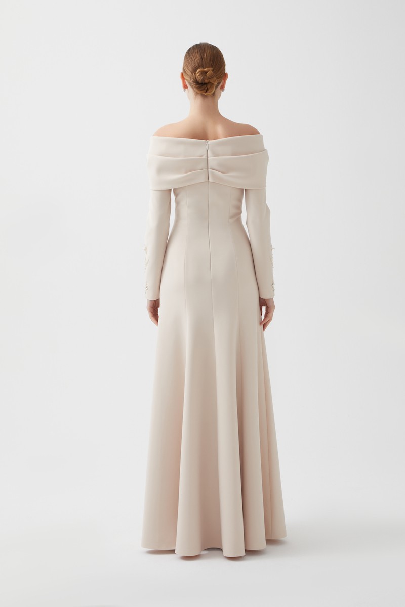 R104 - V-Neckline, Pleated Off-Shoulder, Long Sleeves, Hand-Embroidered Cuffs, Paneled Mermaid Cut, Full-Length  Dress