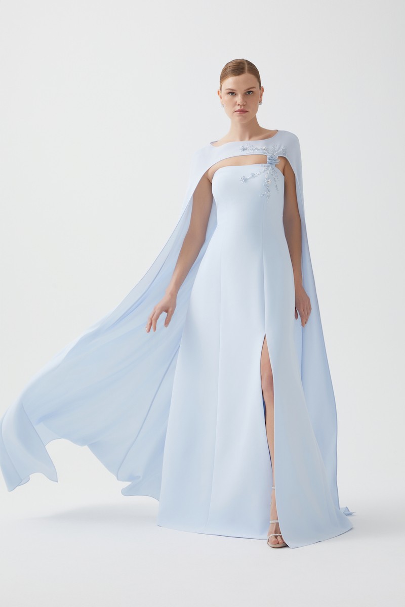 R111 - Boat Neckline, Cape, Hand-Embroidered Front Detail, Front Slit, Paneled A-Line, Full-Length Dress