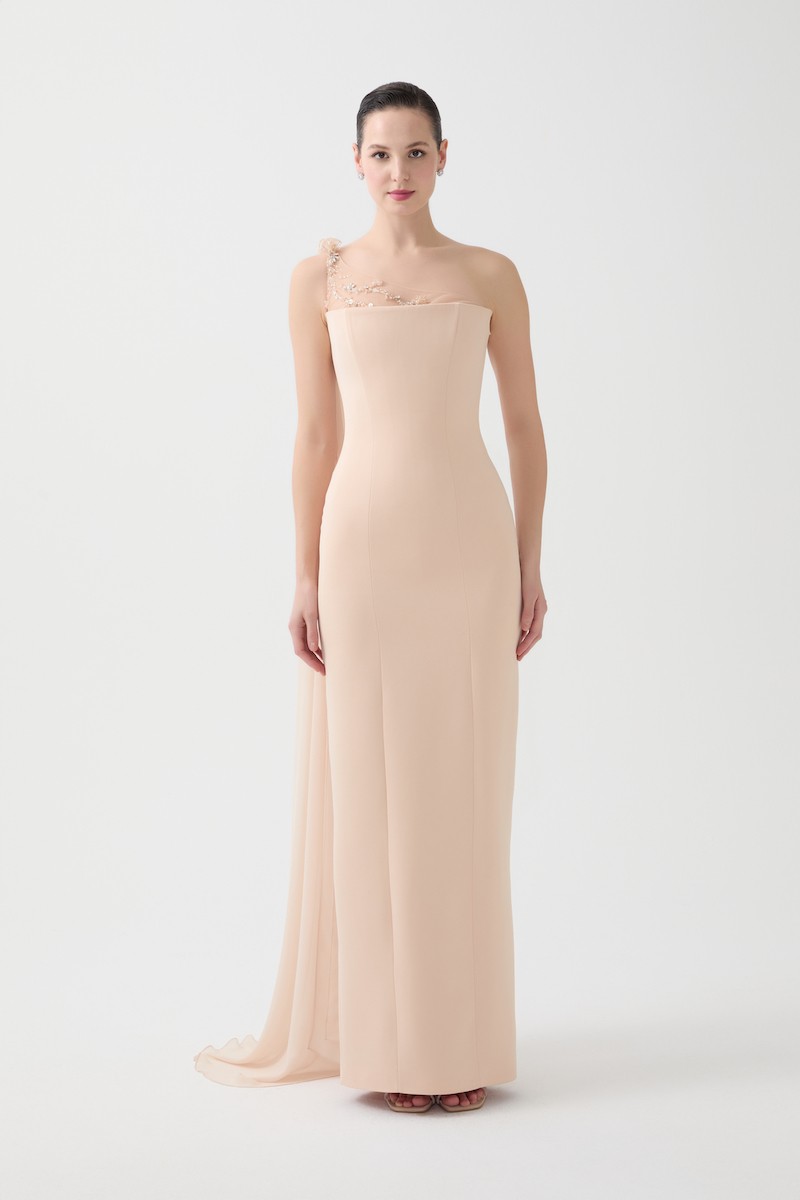 R97 - Strapless Structured Bodice, Sheer Hand-Embroidered Single Shoulder, Chiffon Cape on One Shoulder, Back Slit, Fitted Cut, Full-Length Dress