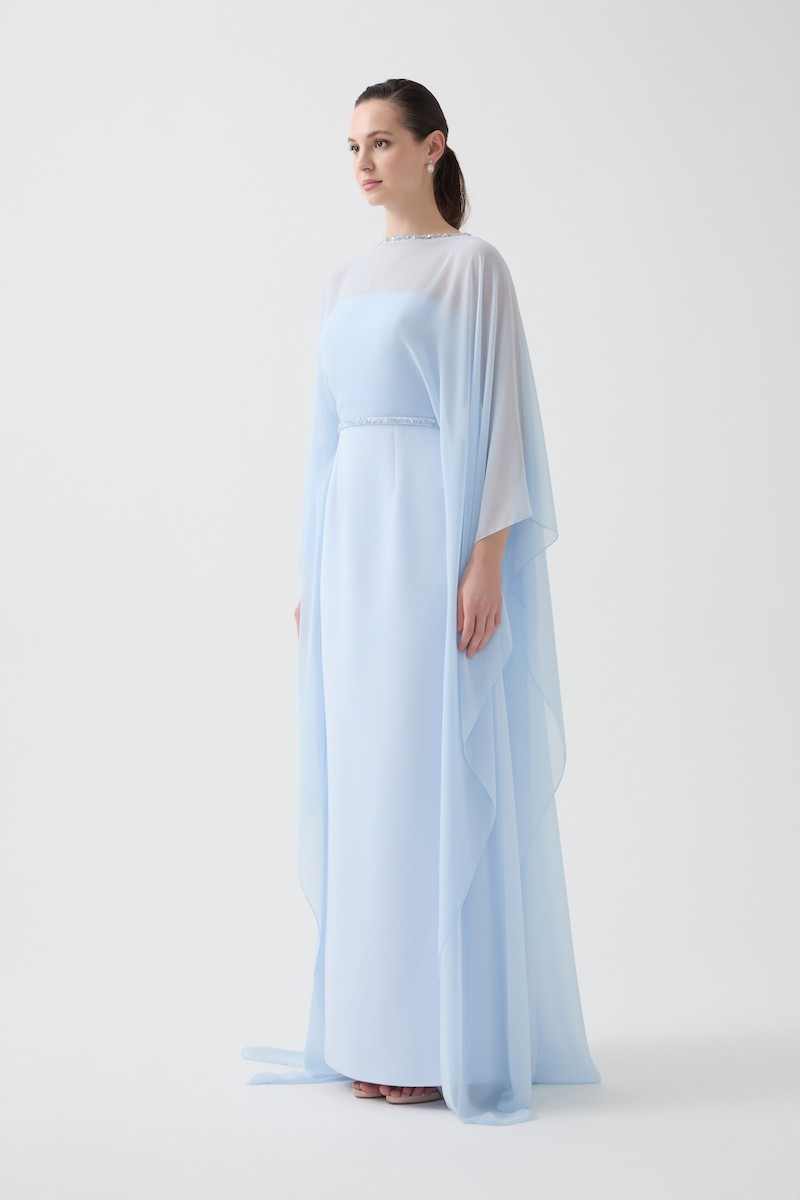 R112 - Thin-Strap Inner Dress, Chiffon Outer Dress with Boat Neckline, Hand-Embroidered Neckline, Batwing Sleeves, Removable Hand-Embroidered Belt, Chiffon Cape Back, Back Slit, Straight Cut, Full-Length Dress