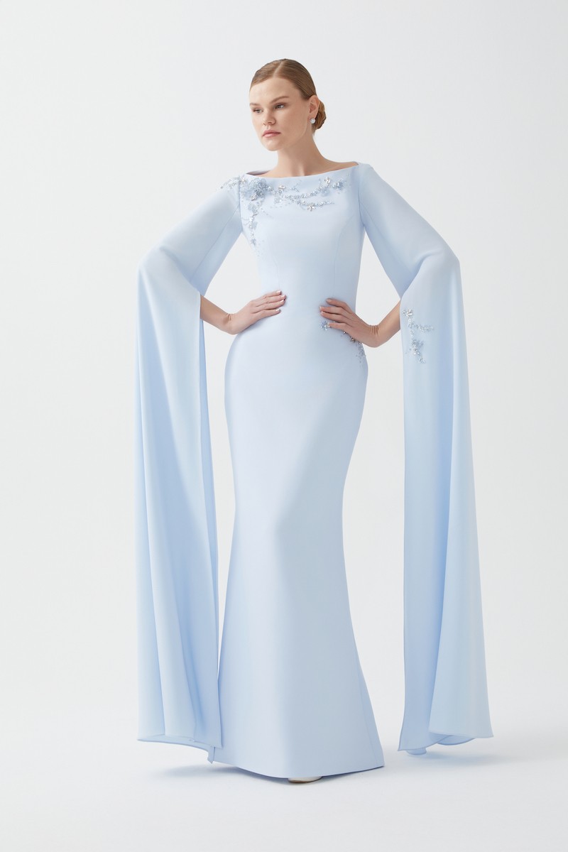 R100 - Boat Neckline, Hand-Embroidered Shoulder and Waist Details, Dramatic Long Cape Sleeves, Back Slit, Mermaid Cut, Full-Length Dress