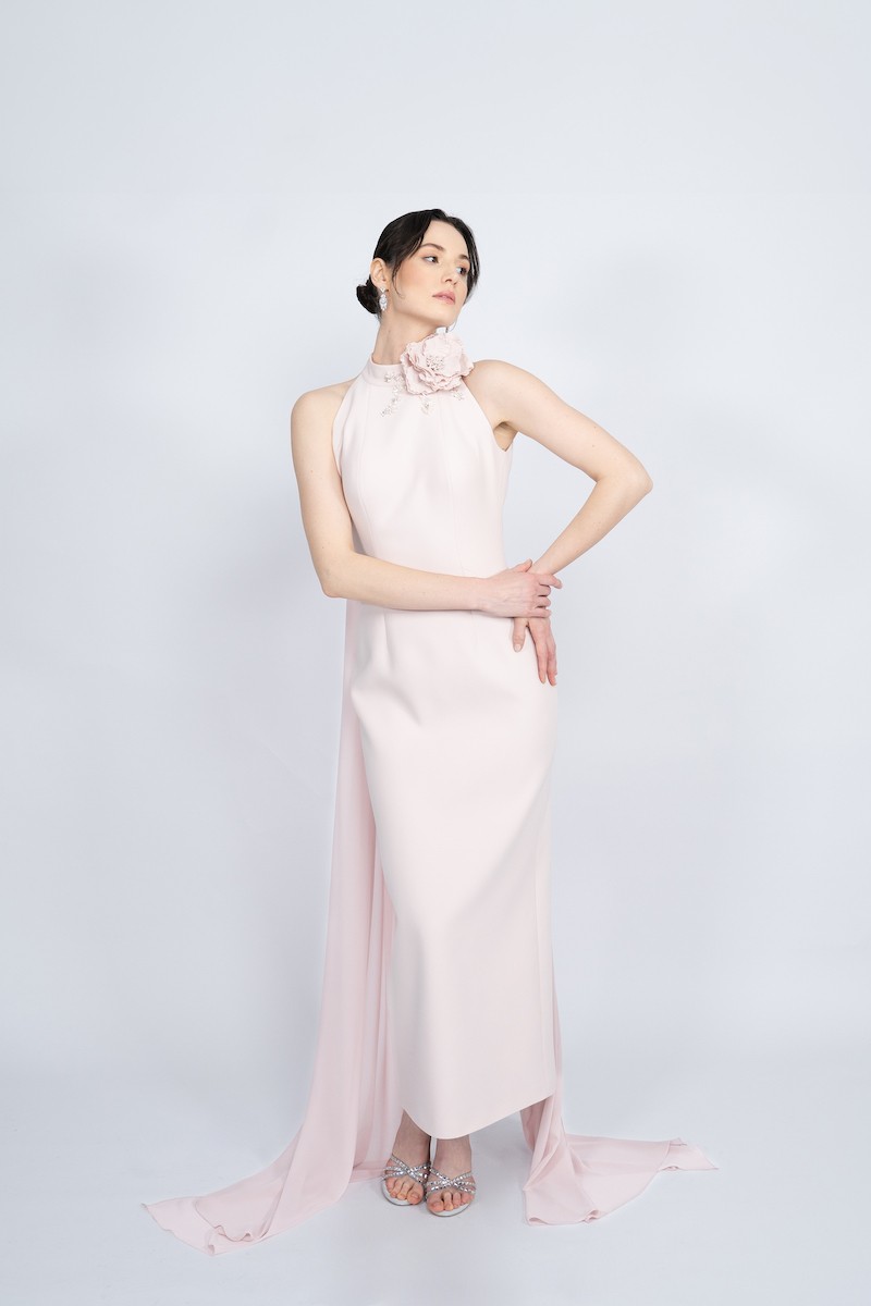 R58 - Halterneck, Line Decollete on Back, Handmade Floral and Hand-Embellished Collar, Long Cape Back, Back Slit, Straight Cut, Maxi Length Dress