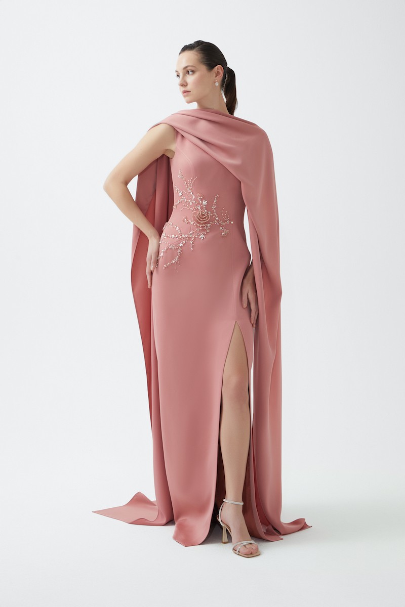 R95 - Boat Neckline, Shoulder Cape, Hand-Embroidered Front Detail, Back Cut-Out, Front Slit, Straight Cut, Full-Length Dress