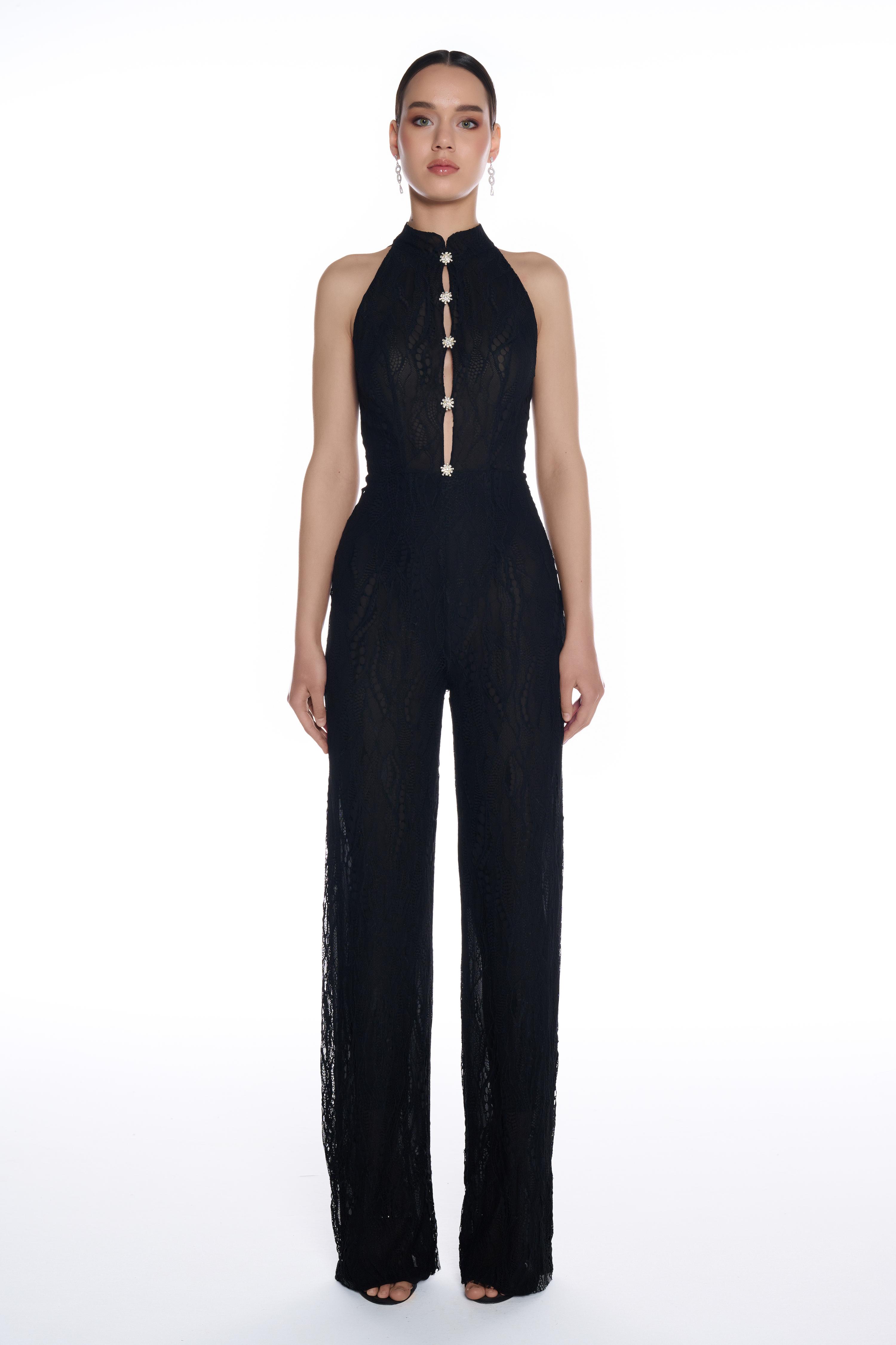 R12 - Mandarin Collar, Halter Shoulders, Front Keyhole with Drop Detail, Stone Button Accents, All Over Lace, Jumpsuit