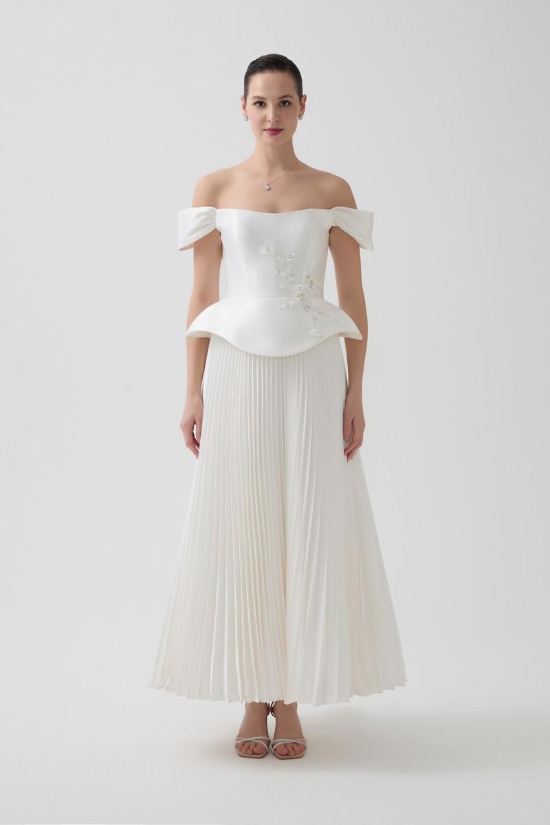 R117 - Boat Neckline, Off-Shoulder Sleeves, Corset Bodice, Peplum Waist, Hand-Embroidered Front Details, Pleated Skirt, Maxi-Length Dress