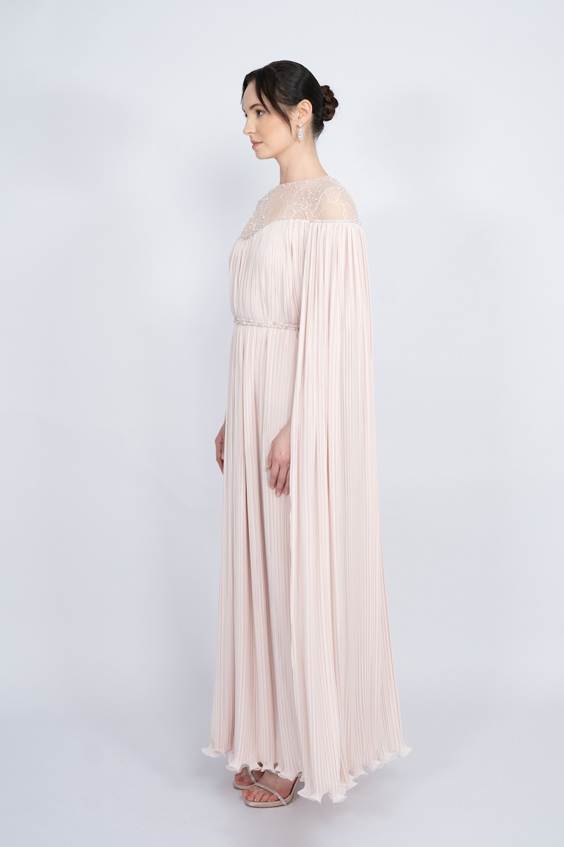 R67 - Bicycle Neck, Top Body Robe, Cape Sleeve, Body and Sleeves Pleated, Detachable Hand-Embroidered Belted, Top Body Stone and Bead Hand-Embroidered on Lace, Maxi Dress