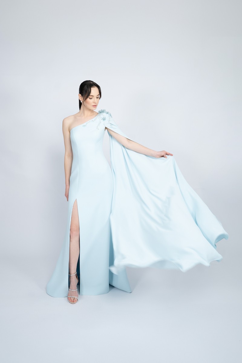 R59 - One Shoulder, Long Cape Shoulder, Padded, Front Slit, Hand-Embroidered, Mermaid Cut, Long Dress