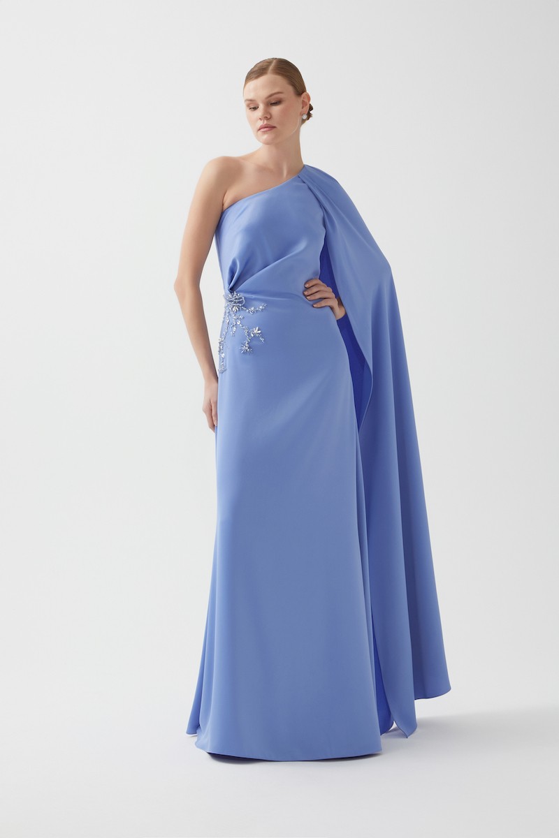 R113 - One Shoulder, Side Pleat Detail, Cape on Shoulder, Hand-Embroidered Front, Loose Fit, Full-Length Dress