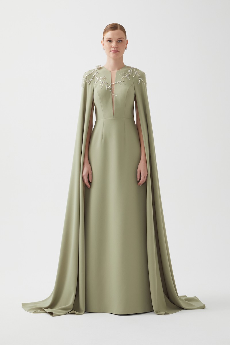 R118 - Deep V-Neckline, Long Cape Sleeves, Hand-Embroidered Front Detail, Back Slit, A-Line, Full-Length Dress