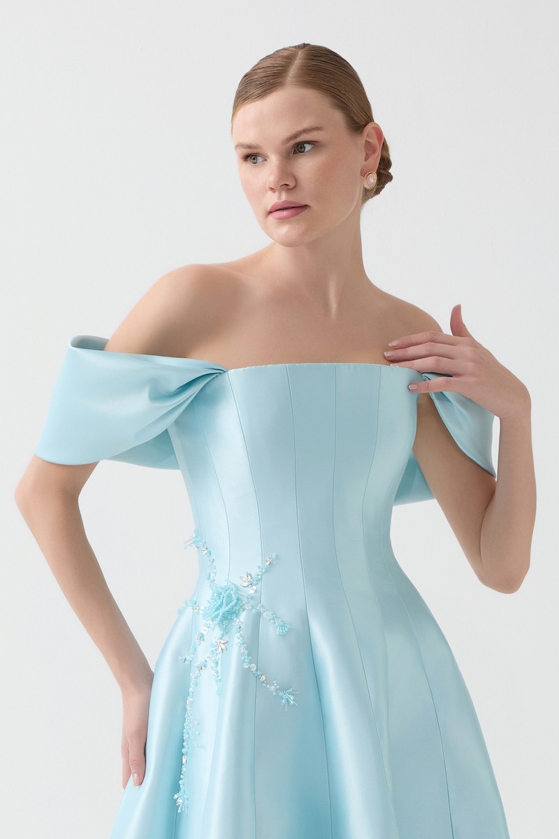 R122 - Strapless, Corset Bodice, Off-Shoulder Sleeves, Hand-Embroidered Front Details, Paneled Flared Cut, Full-Length Dress