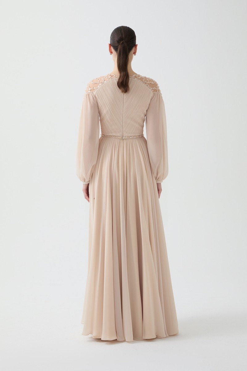 R92 - V-Neckline, Sheer Hand-Embroidered Shoulders, Chiffon Princess Sleeves, Wrinkled Pleats, Gathered Waist, Removable Hand-Embroidered Belt, Flared Cut, Full-Length Dress