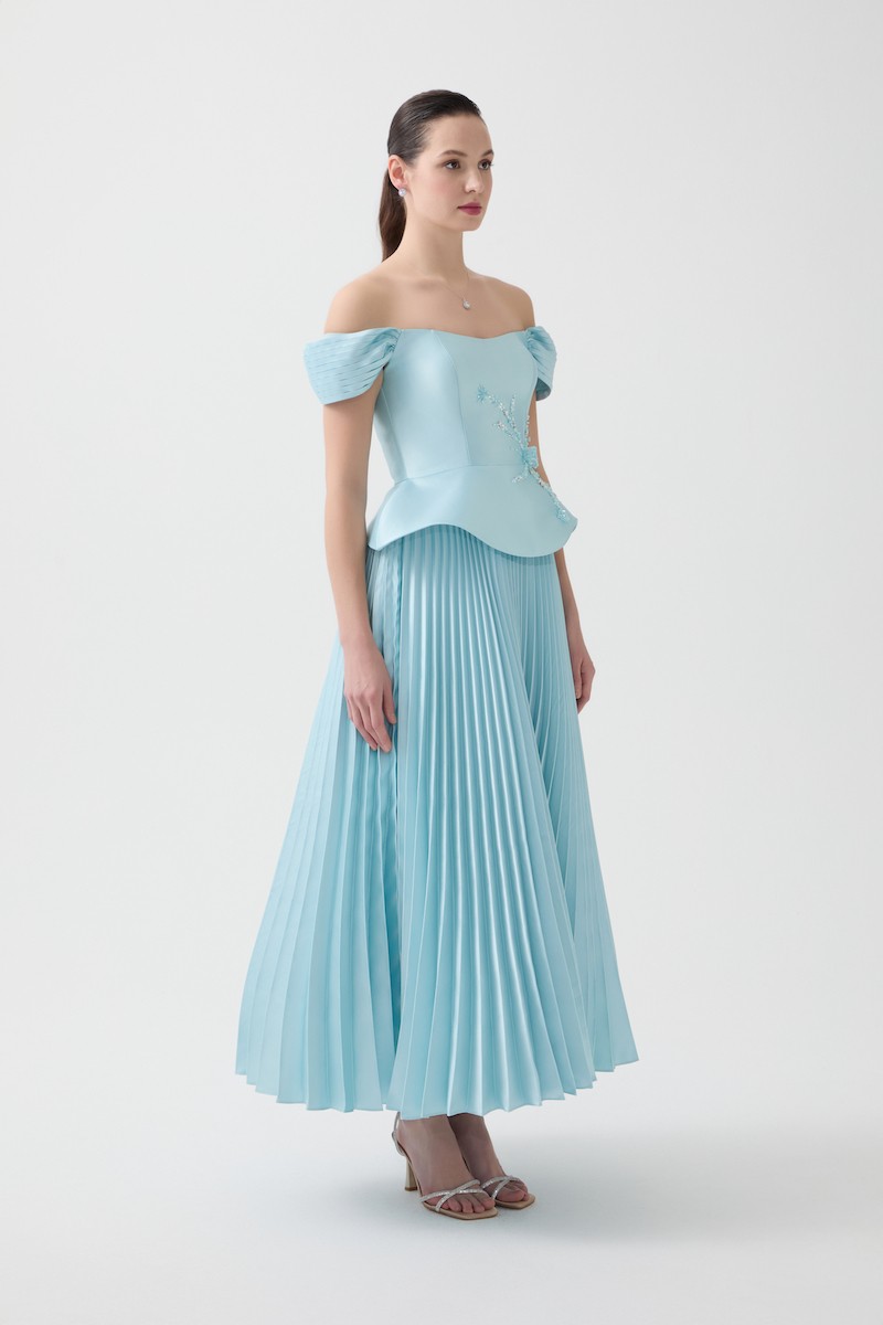 R117 - Boat Neckline, Off-Shoulder Sleeves, Corset Bodice, Peplum Waist, Hand-Embroidered Front Details, Pleated Skirt, Maxi-Length Dress