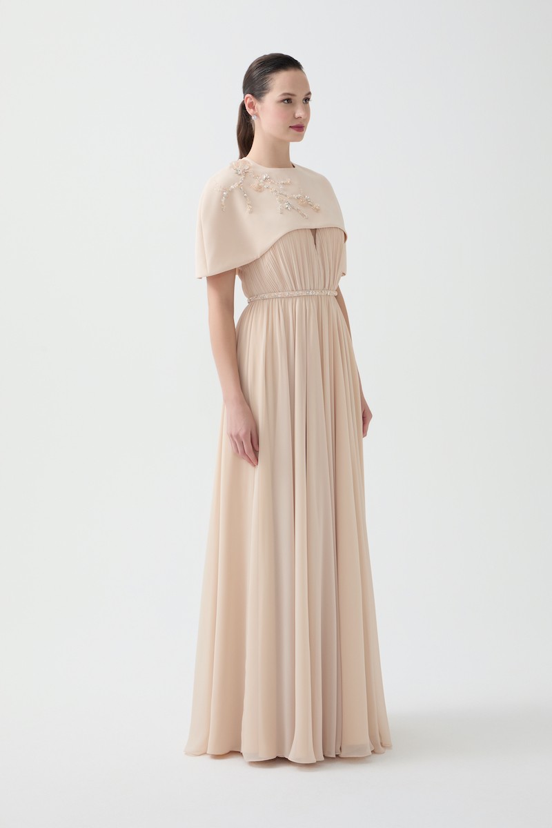 R94 - V-Neckline, Wrinkled Pleats, Removable Hand-Embroidered Cape and Belt Details, Flared Skirt, Full-Length Dress