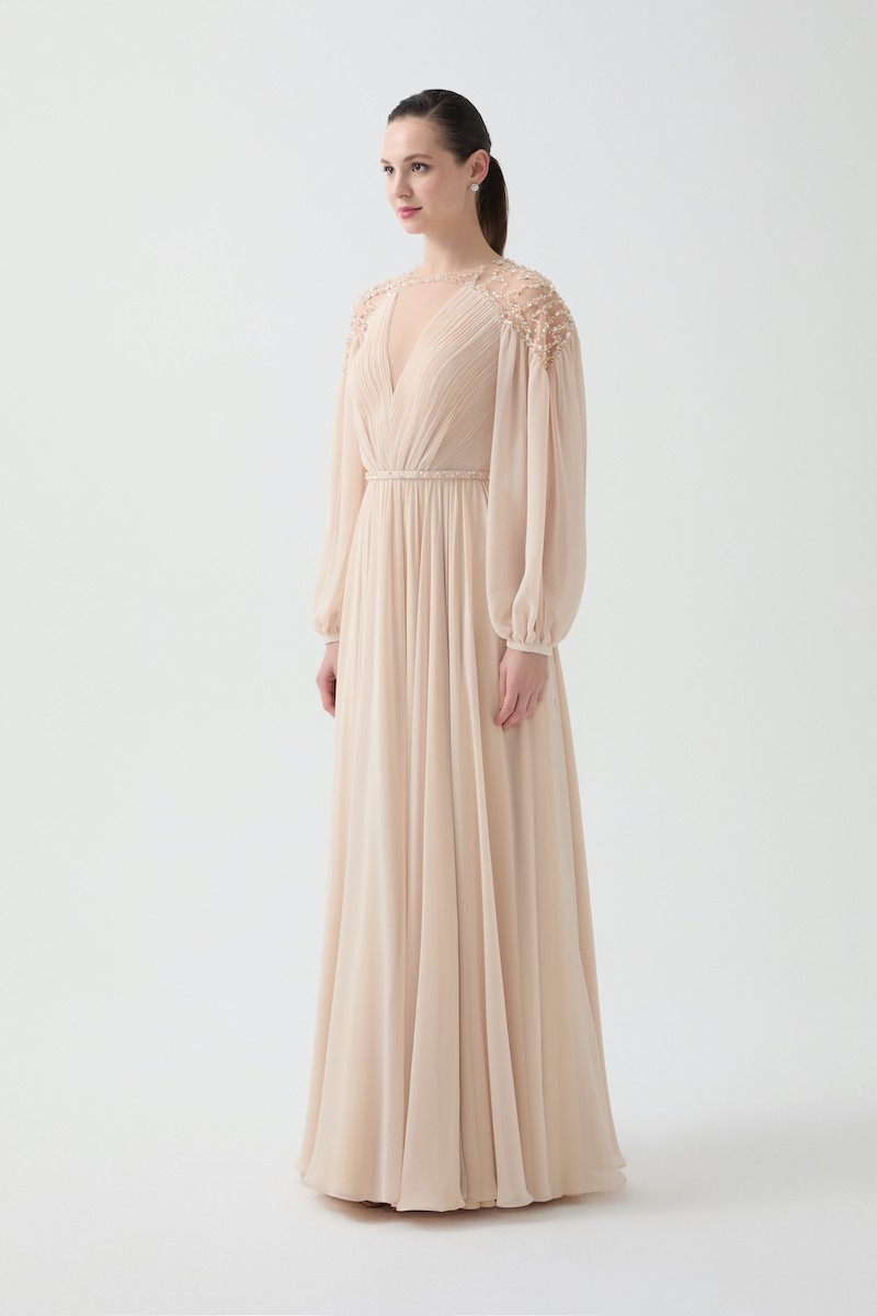 R92 - V-Neckline, Sheer Hand-Embroidered Shoulders, Chiffon Princess Sleeves, Wrinkled Pleats, Gathered Waist, Removable Hand-Embroidered Belt, Flared Cut, Full-Length Dress