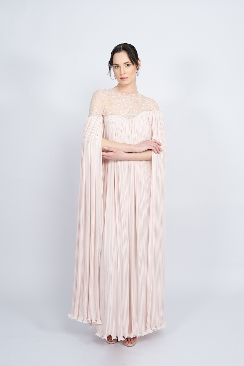 R67 - Bicycle Neck, Top Body Robe, Cape Sleeve, Body and Sleeves Pleated, Detachable Hand-Embroidered Belted, Top Body Stone and Bead Hand-Embroidered on Lace, Maxi Dress