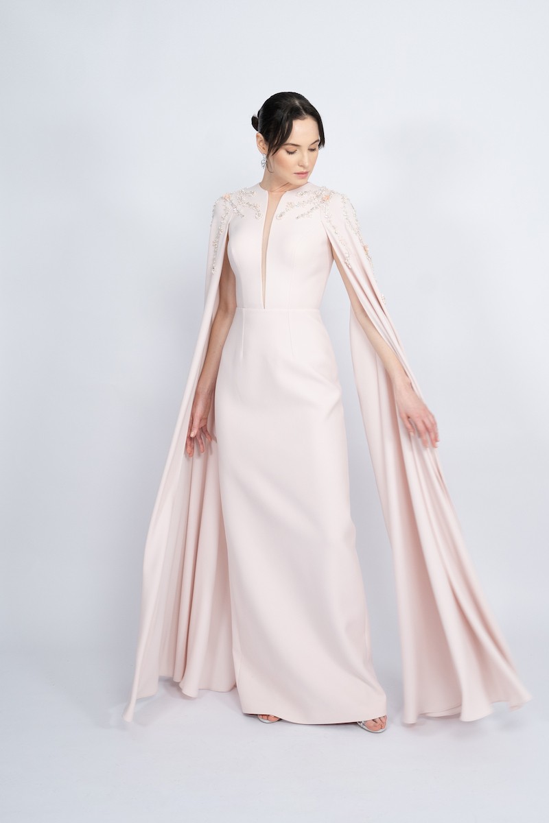 R49 - Straight Cut with Cape, Deep Neckline, Hand-Embroidered Shoulders, Slit at the Back, Long Dress