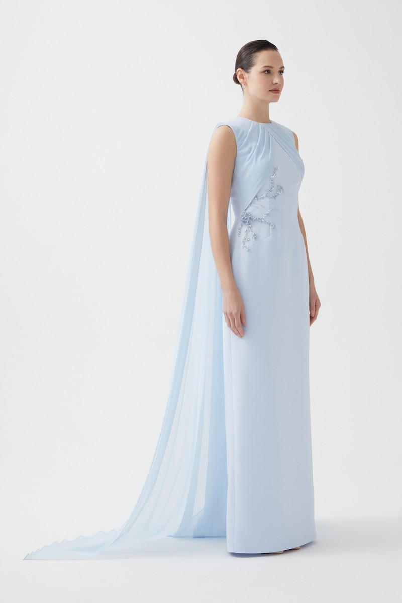 R105 - Crew Neckline, Front Chiffon Pleats, Chiffon Cape at the Back, Hand-Embroidered Front Details, Back Slit, Straight Cut, Full-Length Dress