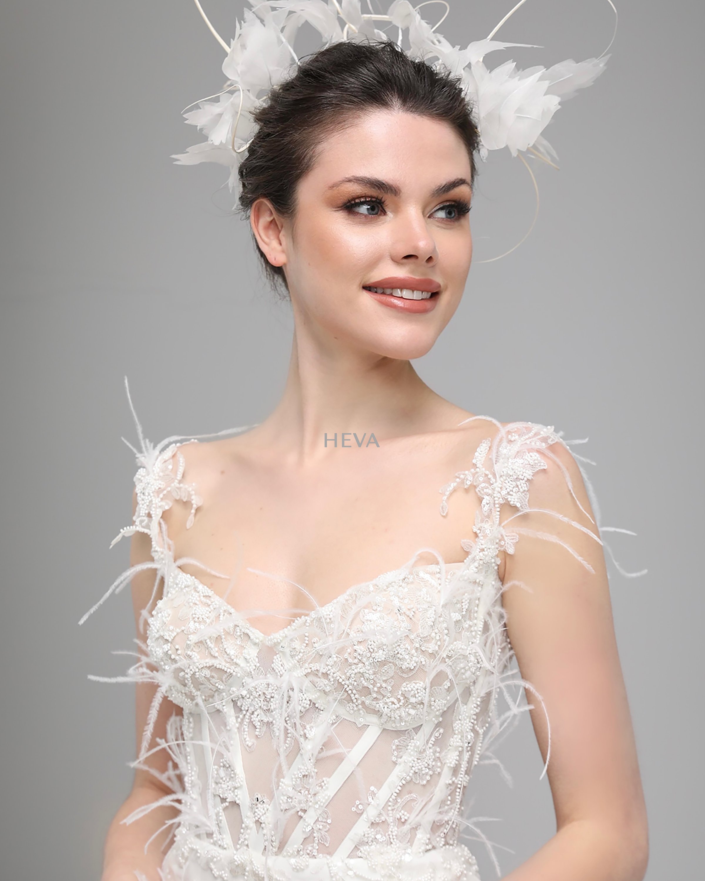 HV22101 - Strapless, M-Neck, Corset-Bodiced Party Dress with Asymmetrical Cut, Embellished with Beads and Feathers