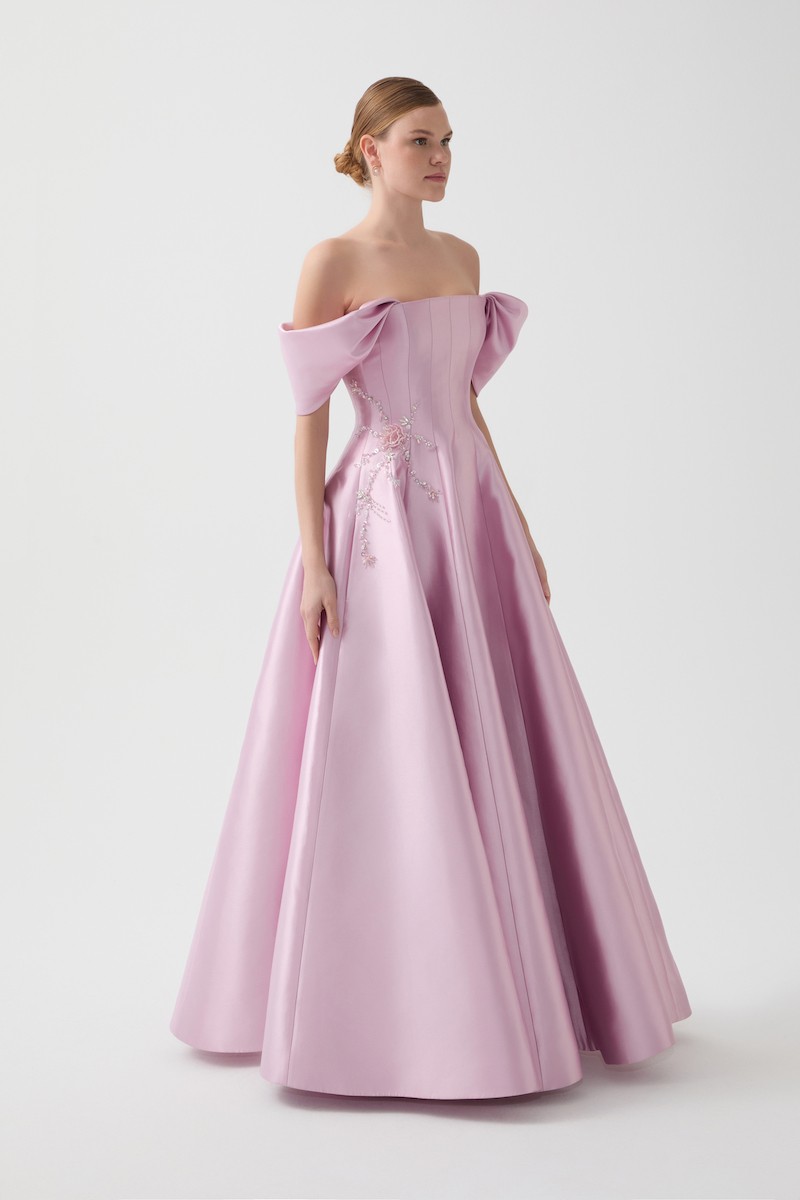 R122 - Strapless, Corset Bodice, Off-Shoulder Sleeves, Hand-Embroidered Front Details, Paneled Flared Cut, Full-Length Dress