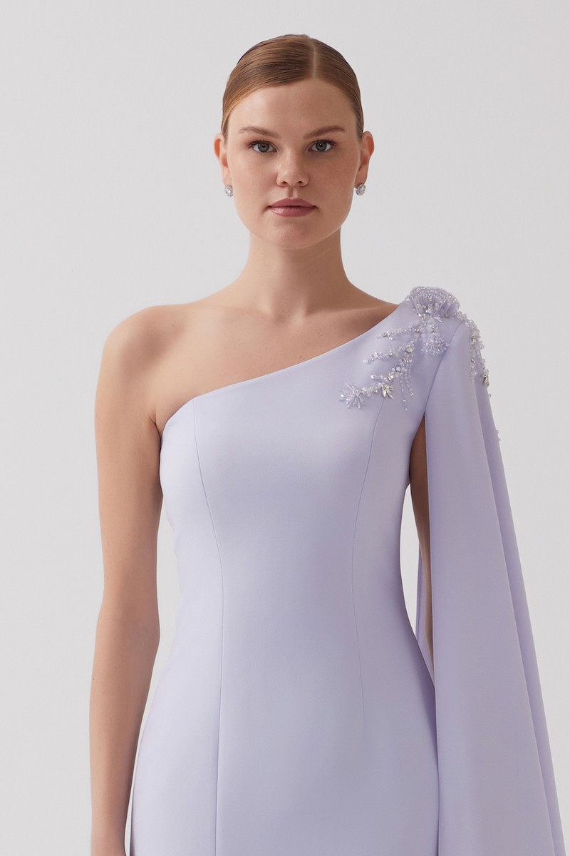 R123 - One-Shoulder, Shoulder Cape, Padded, Hand-Embroidered Shoulder Details, Front Slit, Mermaid Cut, Full-Length Dress