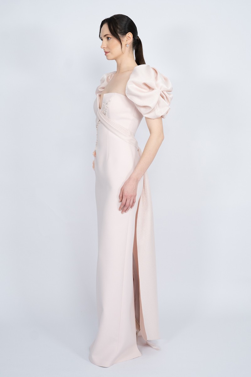 R55 - Balloon Sleeve, V-Neckline, Waistband from Bust to Back, Embellished, Back Slit, Straight Cut, Long Dress