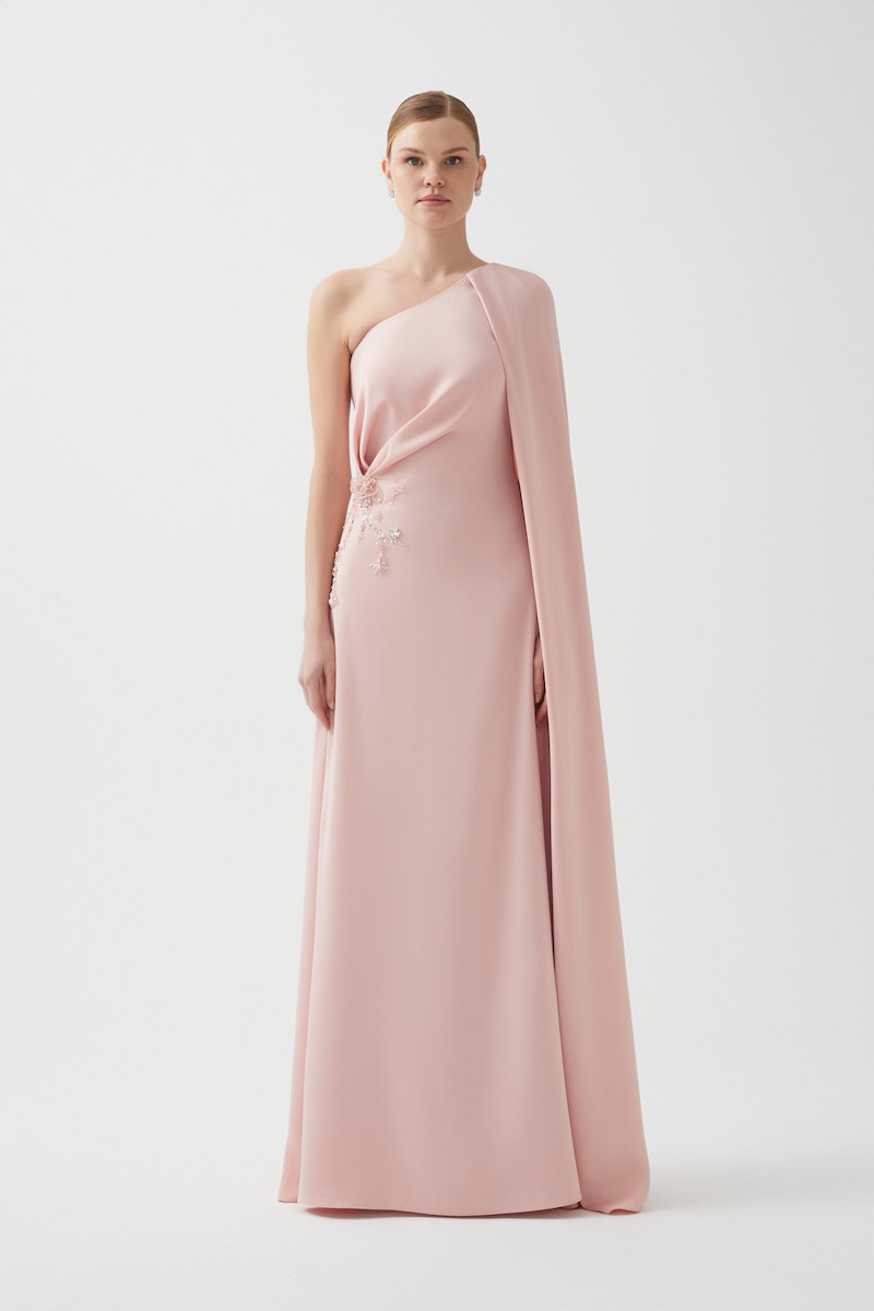 R113 - One Shoulder, Side Pleat Detail, Cape on Shoulder, Hand-Embroidered Front, Loose Fit, Full-Length Dress