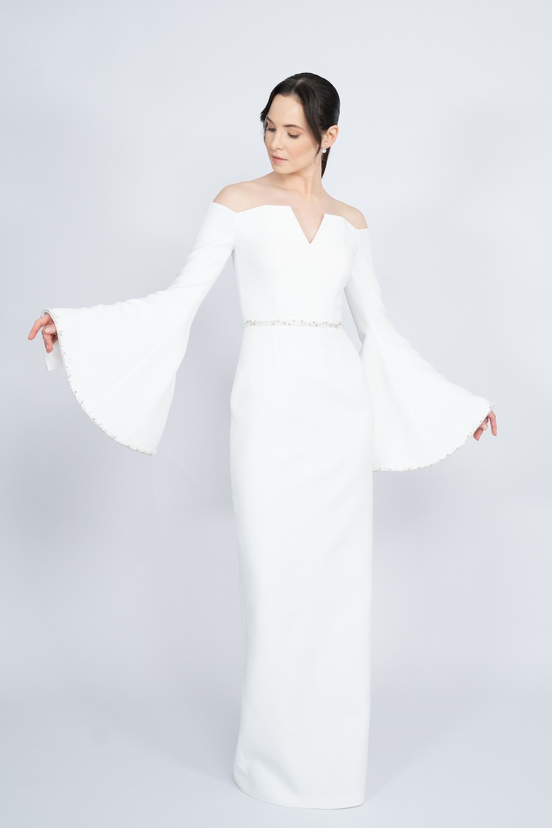 R54 - Off-Shoulder, V-Neckline, Spanish Sleeve, Sleeves with Slit and Embellishment, Detachable Embellished Belt, Back Slit, Straight Cut, Long Dress