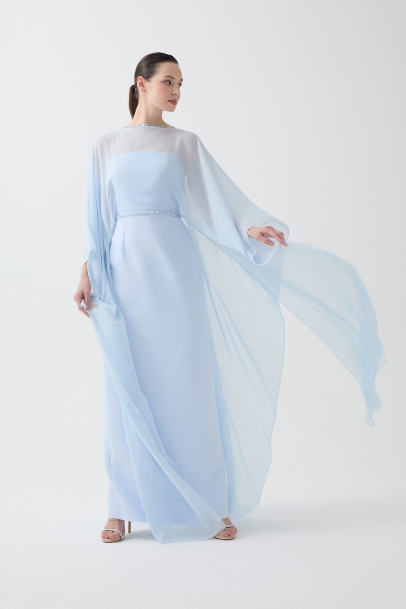 R112 - Thin-Strap Inner Dress, Chiffon Outer Dress with Boat Neckline, Hand-Embroidered Neckline, Batwing Sleeves, Removable Hand-Embroidered Belt, Chiffon Cape Back, Back Slit, Straight Cut, Full-Length Dress