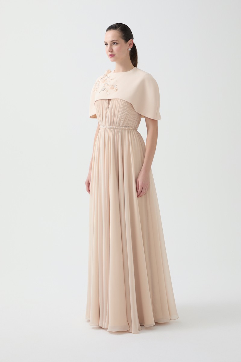 R94 - V-Neckline, Wrinkled Pleats, Removable Hand-Embroidered Cape and Belt Details, Flared Skirt, Full-Length Dress