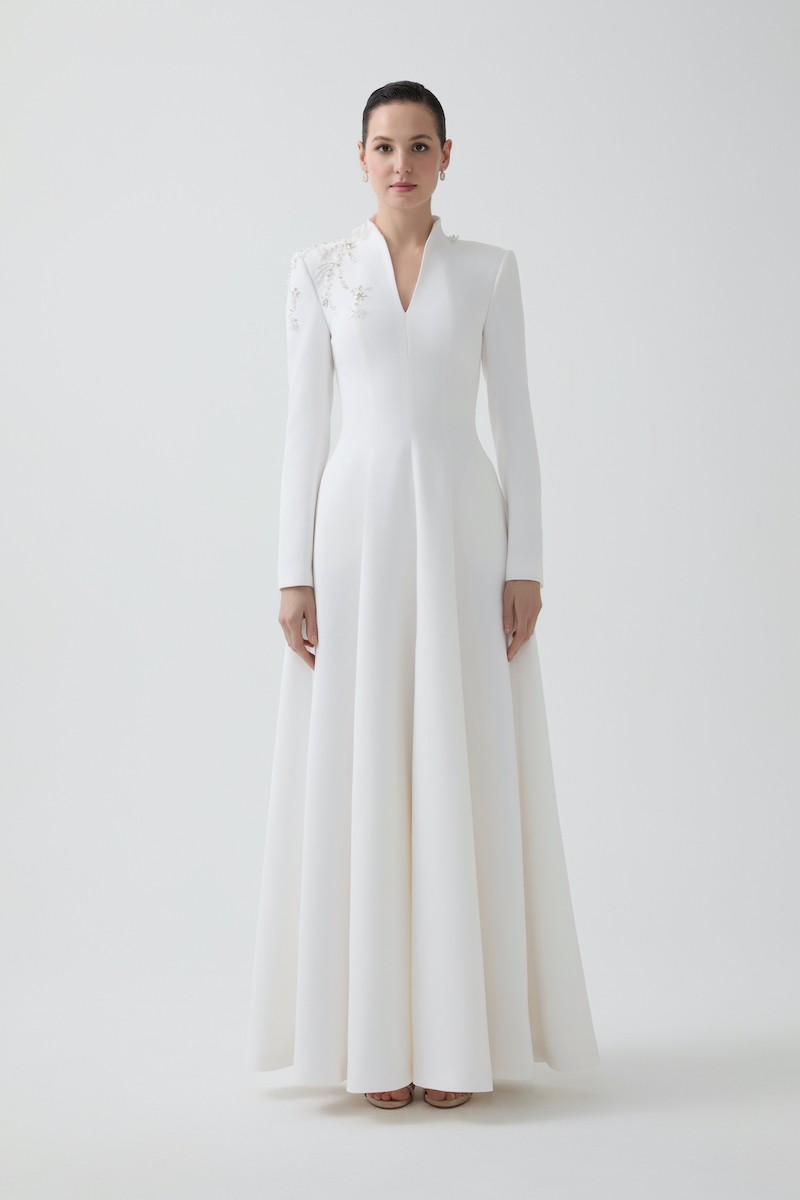 R85 - High V-Neck, Padded Shoulders, Long Sleeves, Embroidered Shoulder Details, Paneled Flared Skirt, Pockets, Full-Length Dress