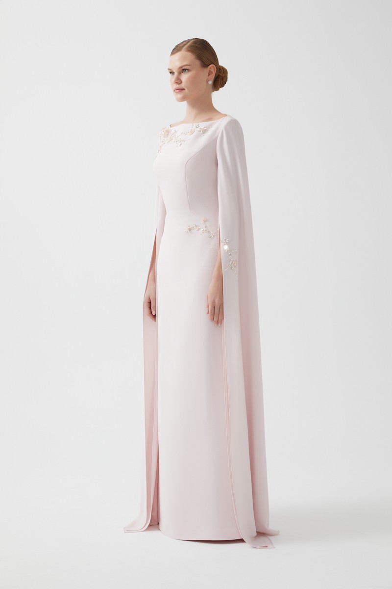 R100 - Boat Neckline, Hand-Embroidered Shoulder and Waist Details, Dramatic Long Cape Sleeves, Back Slit, Mermaid Cut, Full-Length Dress