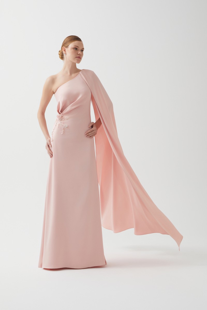 R113 - One Shoulder, Side Pleat Detail, Cape on Shoulder, Hand-Embroidered Front, Loose Fit, Full-Length Dress