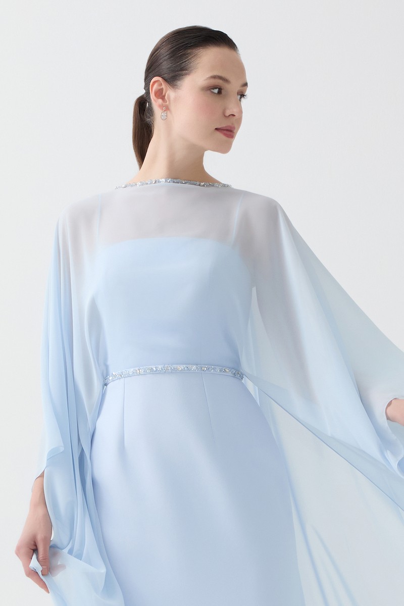 R112 - Thin-Strap Inner Dress, Chiffon Outer Dress with Boat Neckline, Hand-Embroidered Neckline, Batwing Sleeves, Removable Hand-Embroidered Belt, Chiffon Cape Back, Back Slit, Straight Cut, Full-Length Dress