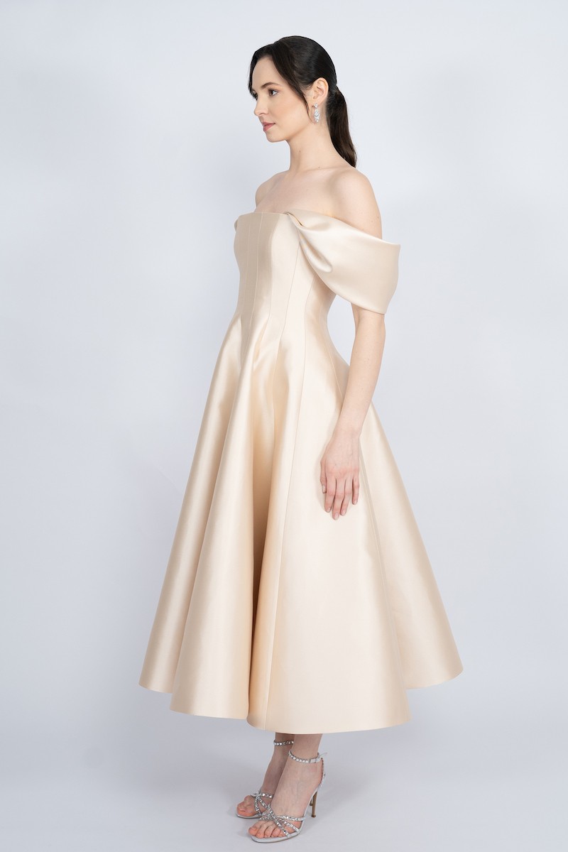 R53 - Straight Collar, Corseted Bodice, Off-Shoulder, Godet Skirt, Maxi Dress