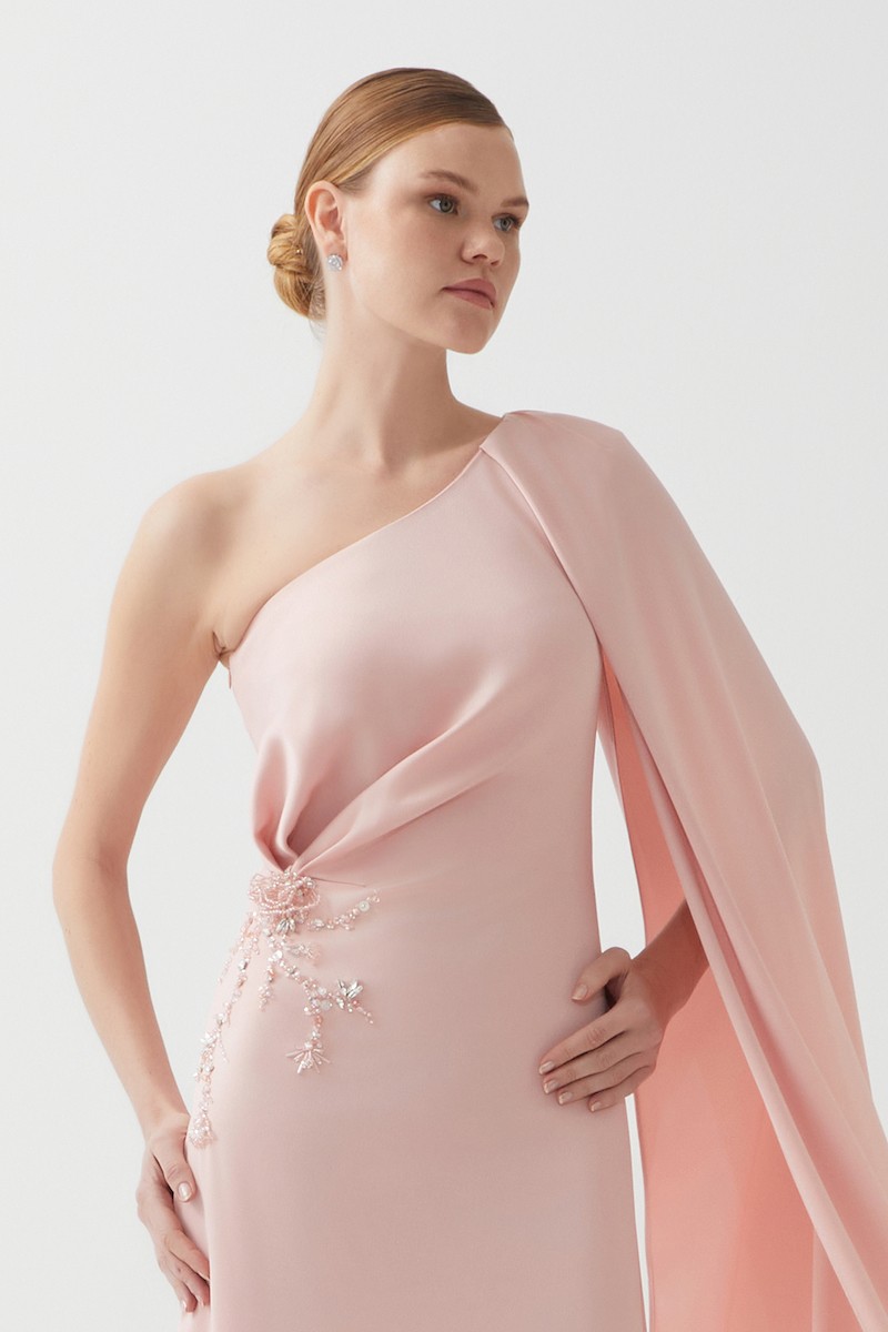 R113 - One Shoulder, Side Pleat Detail, Cape on Shoulder, Hand-Embroidered Front, Loose Fit, Full-Length Dress