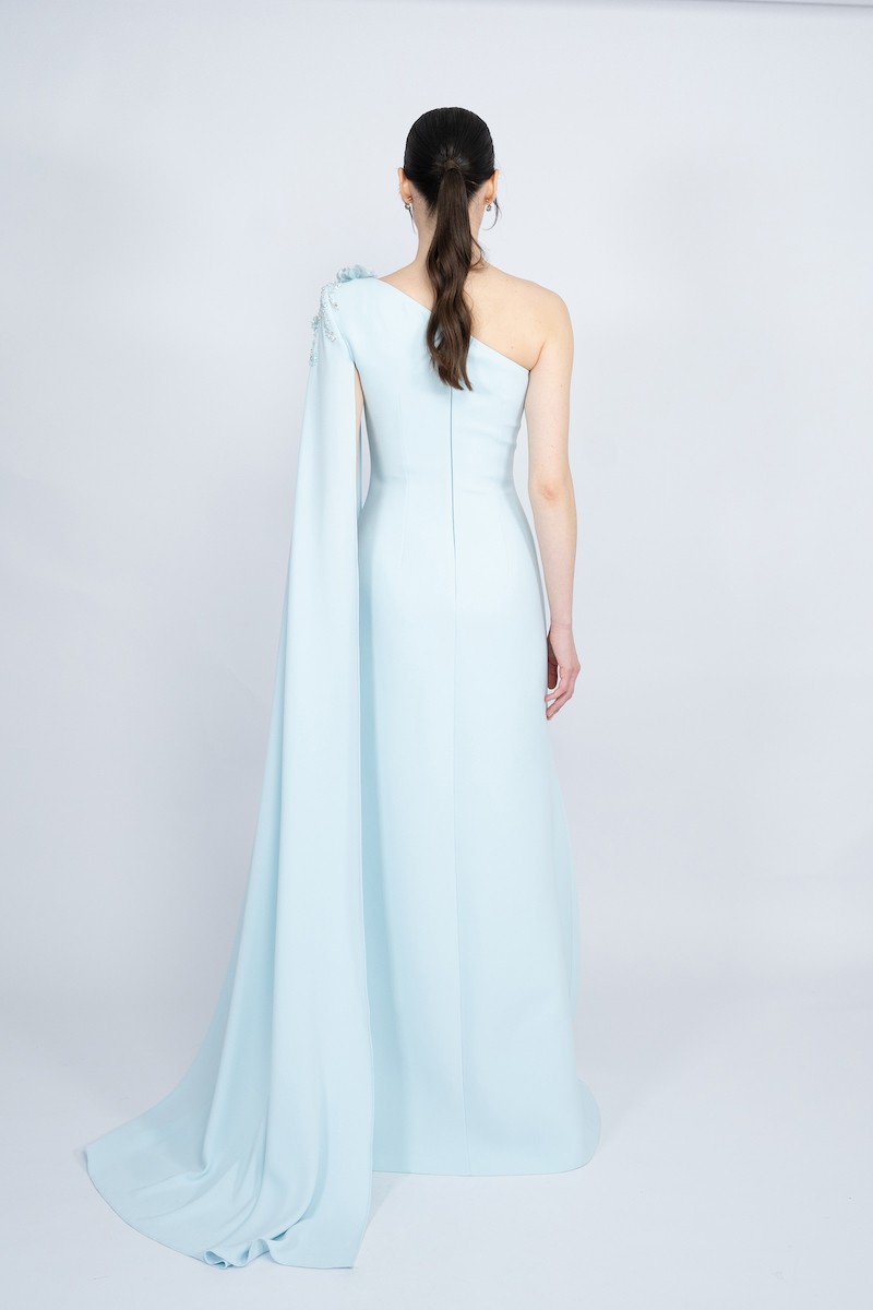 R59 - One Shoulder, Long Cape Shoulder, Padded, Front Slit, Hand-Embroidered, Mermaid Cut, Long Dress