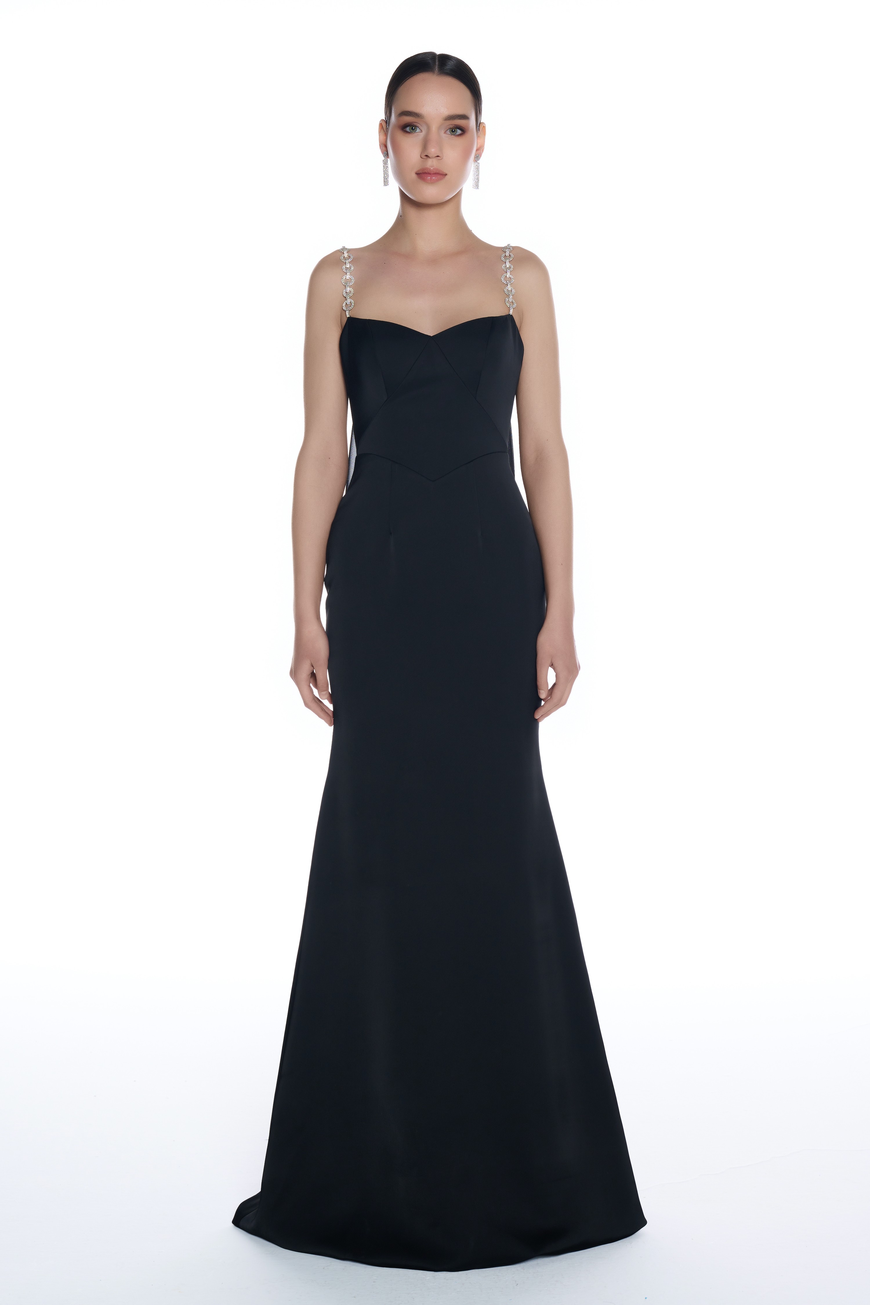 R09 - Chain Strap with Shoulder Embellishment, Low Back with Deep V-Neckline, Chiffon Train with Mermaid Cut, Long Dress