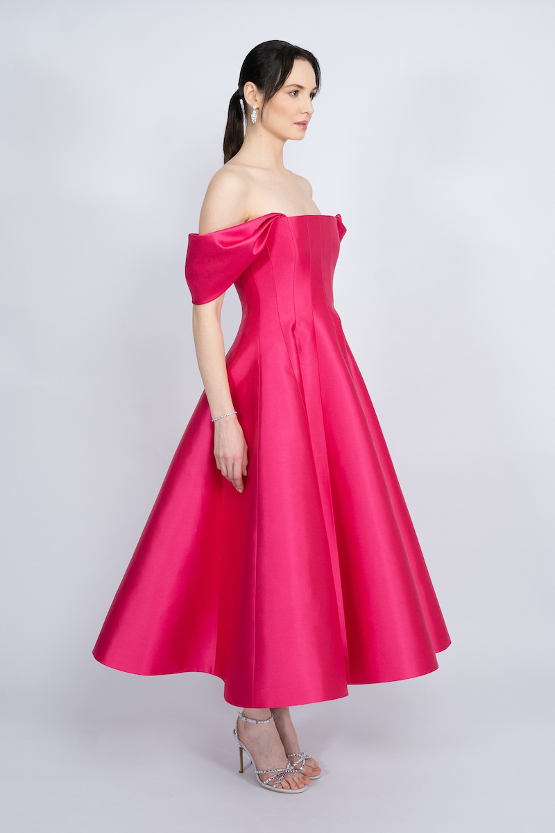 R53 - Straight Collar, Corseted Bodice, Off-Shoulder, Godet Skirt, Maxi Dress