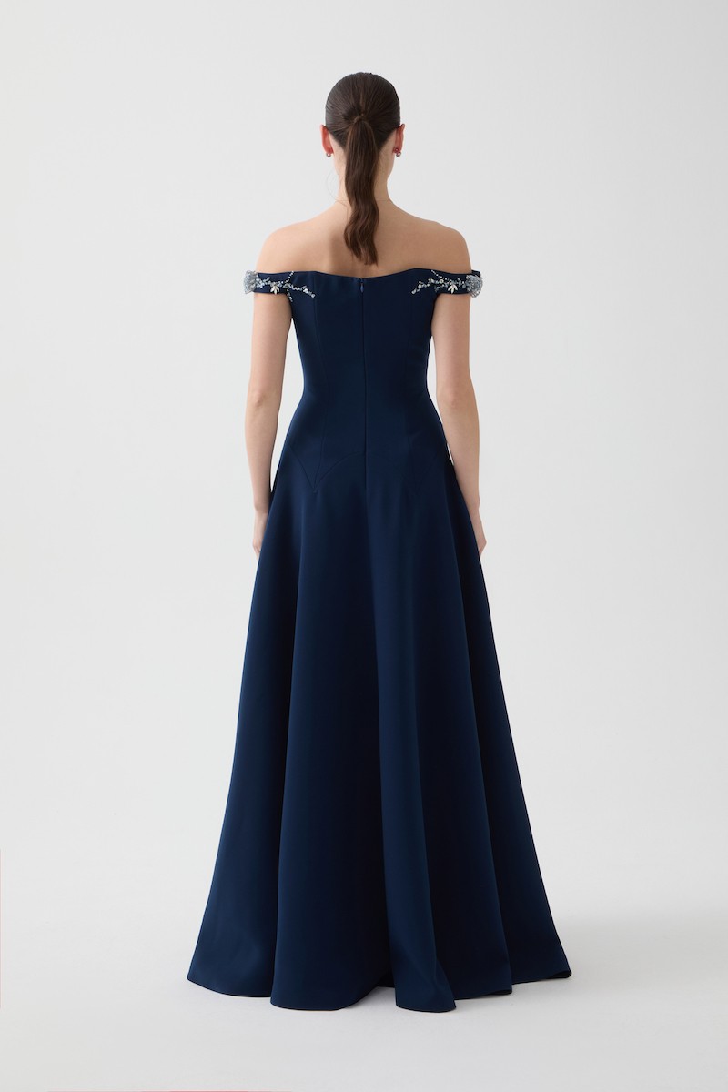 R108 - Off-Shoulder Design, Hand-Embroidered Details, Flared Skirt, Full-Length Dress