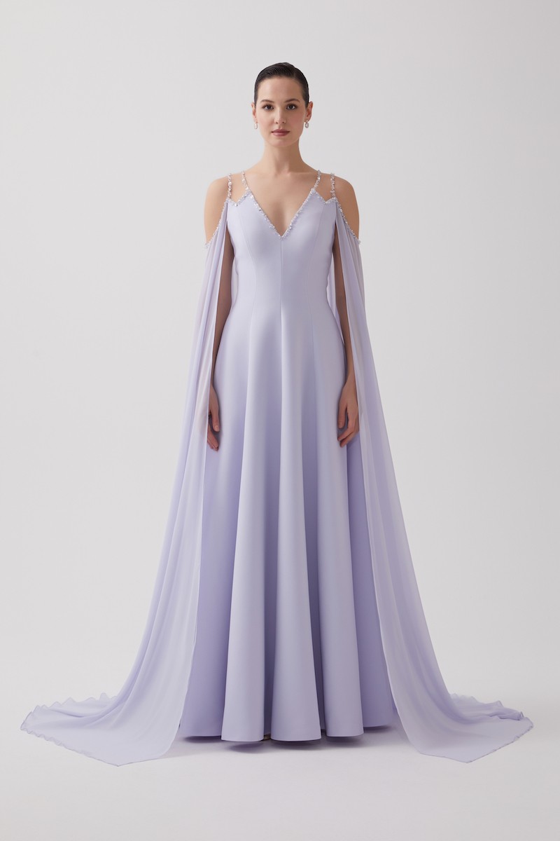 R110 - V-Neckline, Sheer Shoulders, Chiffon Cape on Sleeves and Back, Hand-Embroidered Neckline and Sleeve Edges, Paneled Flared Cut, Full-Length Dress