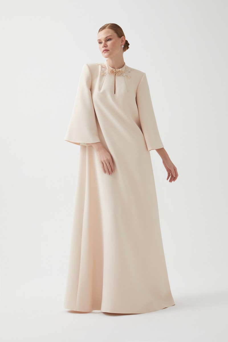 R124 - Round Neckline, Padded Shoulders, Keyhole Neck Detail, Hand-Embroidered Collar, Flutter Sleeves, Loose Fit, Full-Length Dress