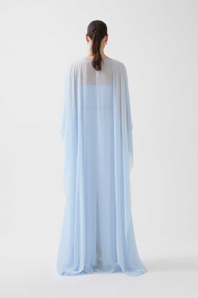 R112 - Thin-Strap Inner Dress, Chiffon Outer Dress with Boat Neckline, Hand-Embroidered Neckline, Batwing Sleeves, Removable Hand-Embroidered Belt, Chiffon Cape Back, Back Slit, Straight Cut, Full-Length Dress